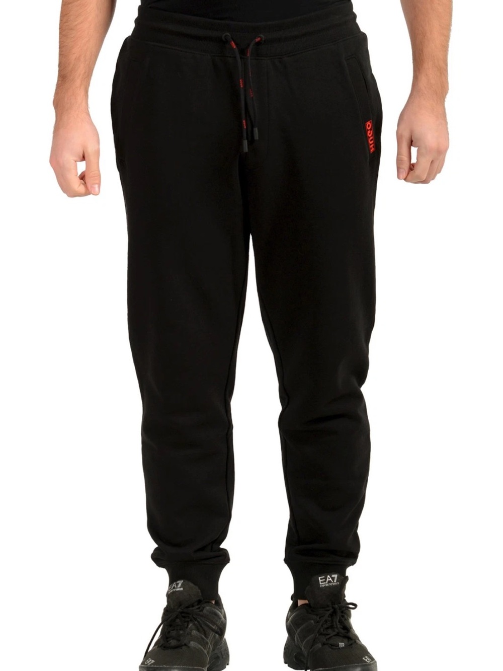 Black HUGO Doak 194 Jogger Pants Red Logo Cuffed Ankles